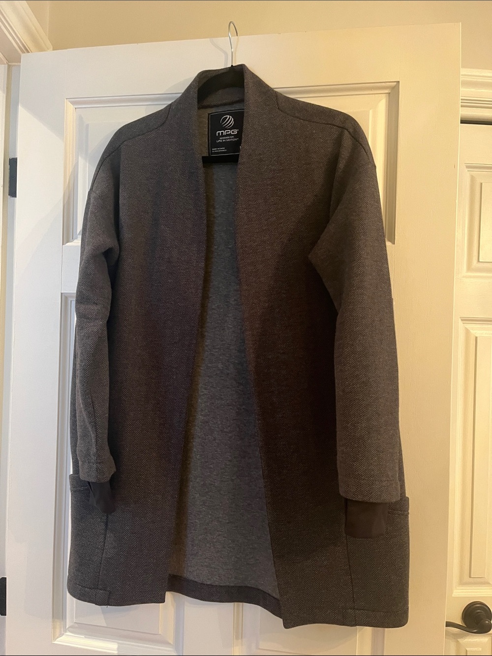 MPG Women's Herringbone Gray Open-Front Knit Yoga Blazer